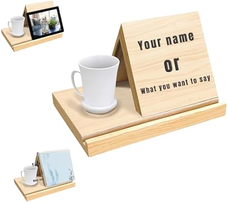 Personalized Solid Oak Wooden Triangle Bookshelf Book Stand Holder, Custom Book Holder with Coffee Drink Holder,Wood Book Rest Bookcase, Gift for Her Men/Women Book Lover (Style 1)