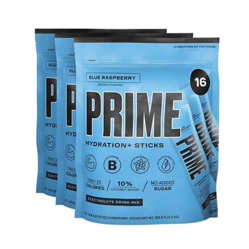 PRIME HYDRATION Sticks Blue Raspberry | Hydration Powder Single Serve Sticks | Electrolyte Powder On The Go | 250mg BCAAs, B Vitamins, Antioxidants | Low Sugar | Caffeine-Free | Vegan | 48 Sticks