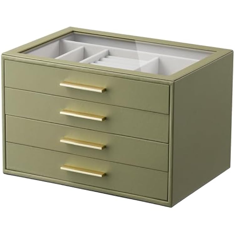 Jewelry Box Organizer Case for Women: 4-Layer Jewelry Storage Case with Glass Window, Olive Green Leather with Cream Velvet, Holder for Ring Necklace Bracelet Brooch Watch, Great Gift for Her