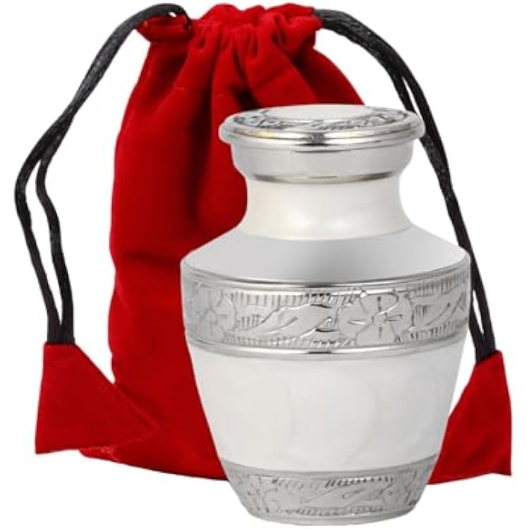 Small Urns for Human Ashes Adult Male Female | Gift Pack of Pearl White Aesthetic Mini Urn, Red Velvet Carry Bag, A Paper Funnel in a Premium Gift Box
