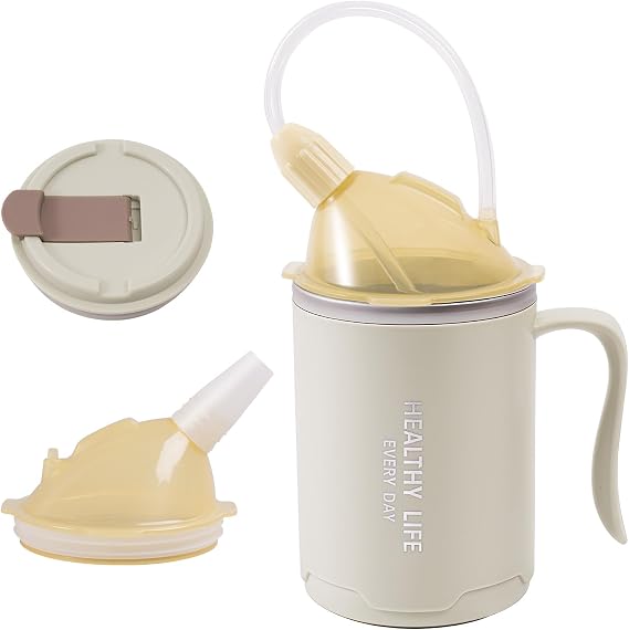 3 in 1 Spill Proof Adult Sippy Cup, 13.5oz Stainless Steel Drinking Mug with 2 Lids & Long Straw, Leak Proof Hospital Cup for Elderly, Bedridden Patients, Pregnant Women & Disabled,White