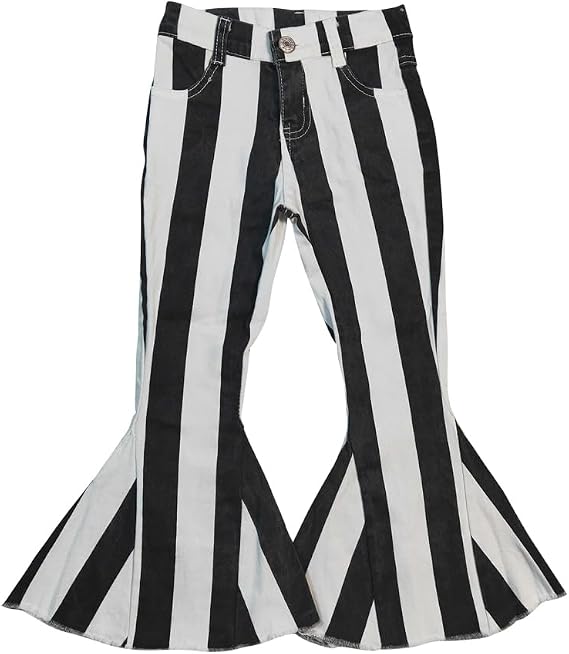 Todder Western White Black Stripe Jeans Girl Jeans Ruffle Bell Bottom
