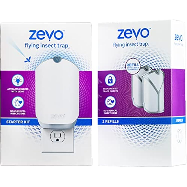 Zevo Flying Insect Trap for Indoors: Light Trap Captures Fruit Flies, Gnats and Houseflies, Starter Kit  Refills 1 Plug-in Base  3 Cartridges