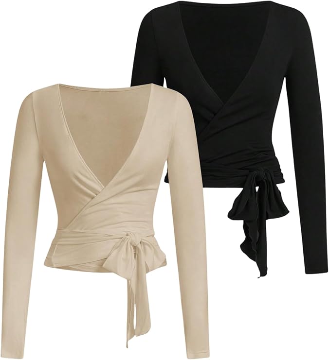SweatyRocks Women's Pilates Wrap Tops Ballet Yoga Coquette Shirt
