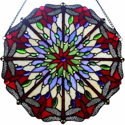 Bieye W10104 Dragonfly Tiffany Style Stained Glass Window Panel with Chain, Round Shape Red, 15.75 Wide