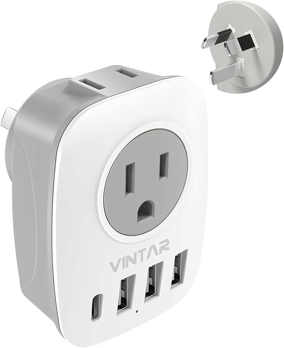 Australia New Zealand Power Plug Adapter, VINTAR Australia Travel Adapter with 1 USB C,3 USB Ports and 2 American Outlets, 6 in 1 Type I Plug Adapter for US to Australia, Argentina, China
