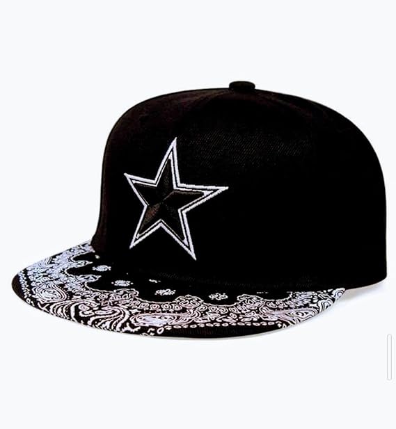Snapback 3D Front Star Embroidered Baseball Cap with Star Logo and Bandana Print Brim, Black and White