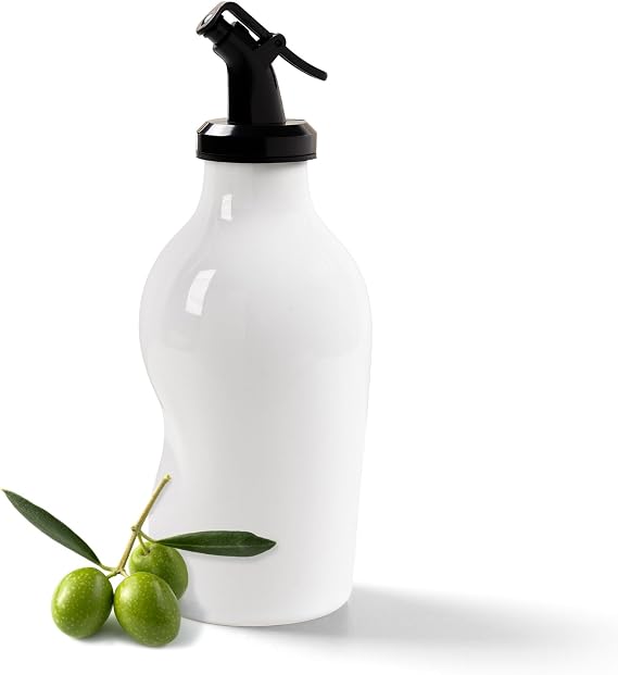 Ceramic EVOO Dispensing Bottle, 9.6 oz Multipurpose Kitchen Oil Bottle with Non Slip Groove Profile, Leakproof Acrylic Spout Dispenser for Cooking Oil, Soy Sauce and Vinegar Daily Use, White
