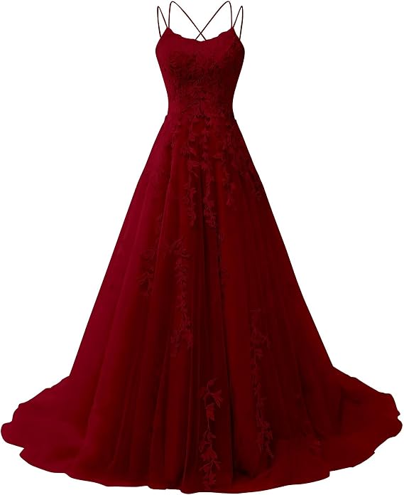 Lace Applique Tulle Prom Dresses for Teens 2026 Long Spaghetti Straps Ball Gown A-Line Formal Evening Gowns