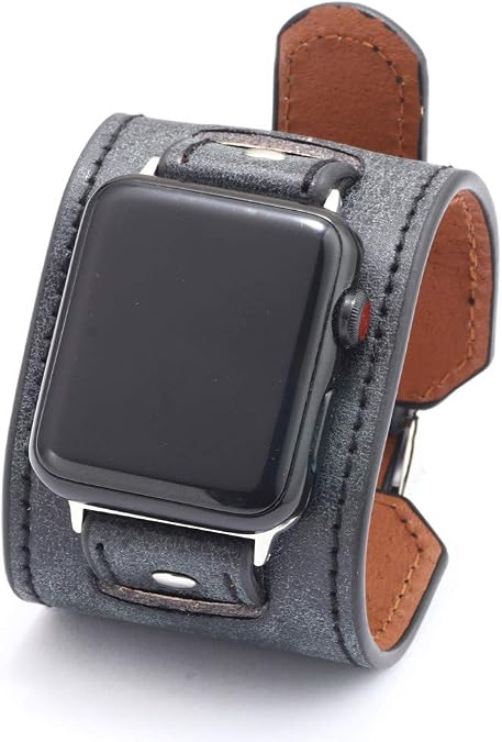 NIGHTCRUZ Compatible with Leather Apple Watch Band - Wide Leather Adjustable Bracelet for Apple Watch Series 5/4/3 (Black, 38mm/40mm)