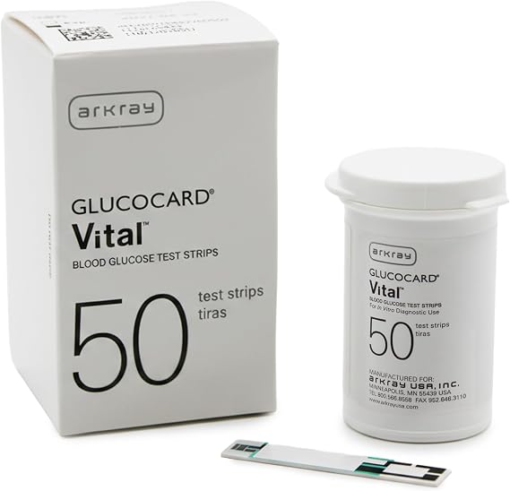 ARKRAY GLUCOCARD Vital Blood Glucose Test Strips Automatic Coding, 0.5 L Sample, Fast 7-Second Results, Compatible with GLUCOCARD Vital Blood Glucose Meter, 50 Count