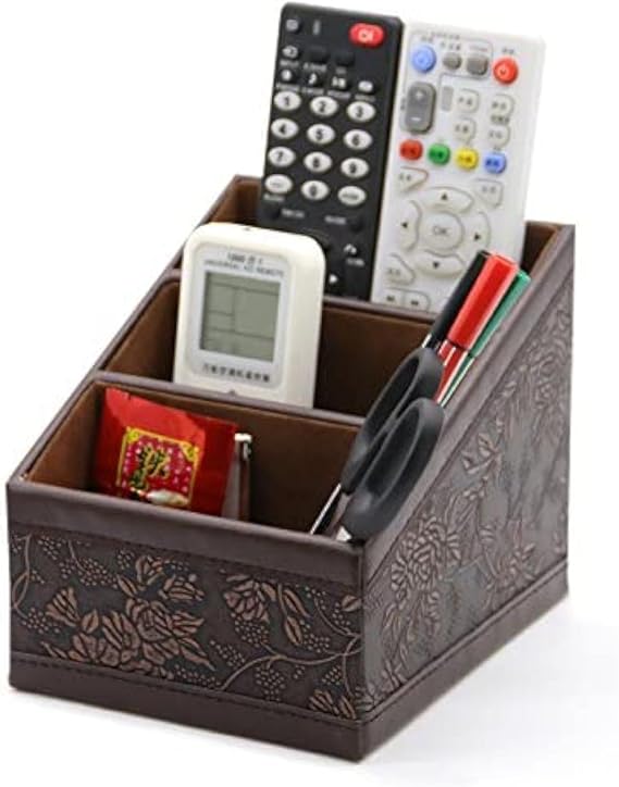 Elegant Leather Desk Stationery Organizer,Multi-Function Desk Storage Box for Pen/Pencil,Cell Phone, Business Name Cards Remote Control Retro Pattern