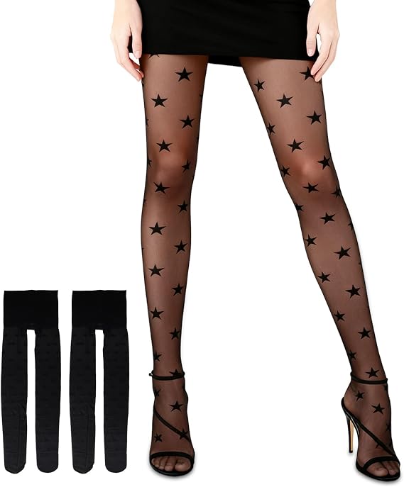 2 Pairs Black Star Tights, Transparent Black Patterned Tights, Smooth Cute Black Tight with Star Designs for Girls Women