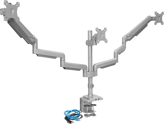 Mount-It! Triple Monitor Mount with Gas Spring Arms, Fits 2432 Inch Screens, USB & Audio Ports, Full Motion Desk Stand with Tilt, Swivel & Rotation, Heavy Duty Silver 3 Screen Arm with Clamp