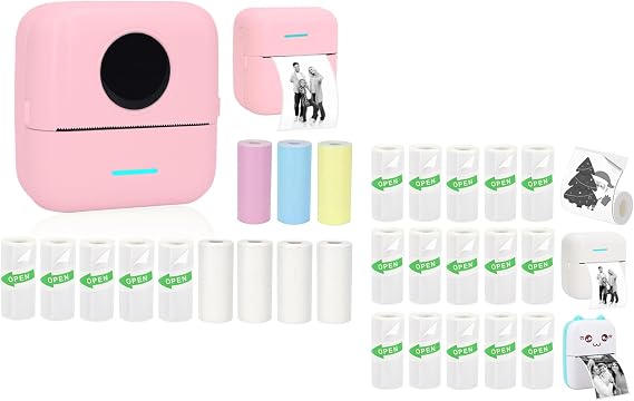 Mini Portable Printer Set with 12 Rolls Printing Paper + 15 Rolls Thermal Sticker Paper Set, Pink