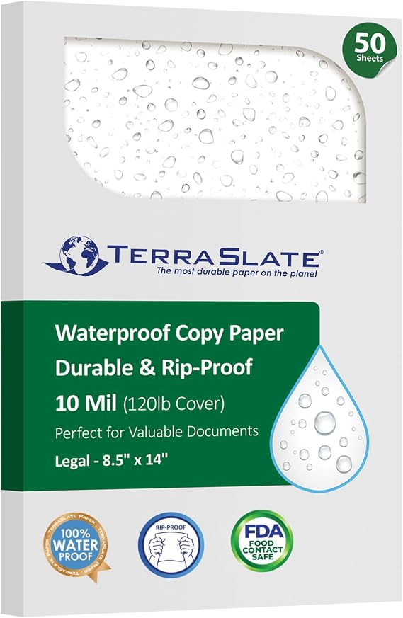 TerraSlate Printable Waterproof Paper for Laser Printer, 10 Mil 8.5" x 14", 50 Sheets, White Printer Paper, Rip-Resistant, Weather/Rain Proof Copy Paper