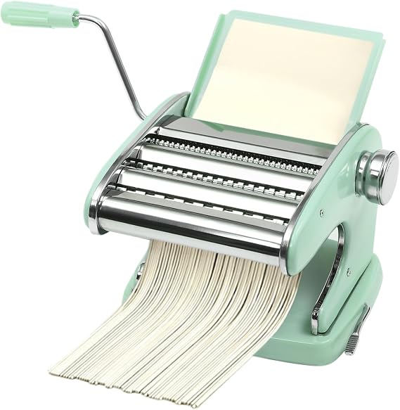 Pasta Maker Machine, Homemade Stainless Steel Manual Roller Pasta Maker With 6 Adjustable Thickness Settings Sturdy Noodles Cutter for Spaghetti, Fettuccini, Lasagna or Dumpling Skins (Green)