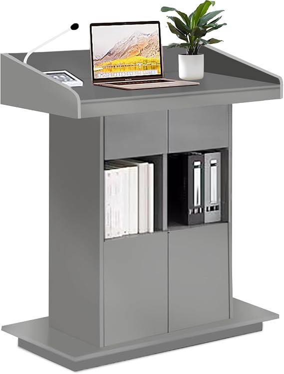 Pulpit Podium Wooden Podium Floor Standing Podiums Teacher Podium Lectern Lecterns & Podiums Church Podium and Pulpits with Wire Holes and Storage (Gray, L31.4W19.68H44)
