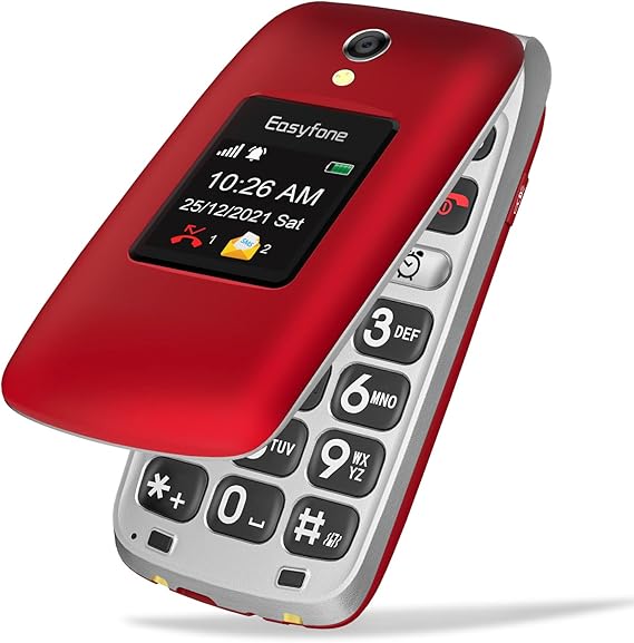 Easyfone Prime-A1 Pro Unlocked 4G Flip Cell Phone for Seniors, Easy-to-Use Big Button Clear Sound Big Battery Flip Phone with SOS Button & Charging Dock (Red)