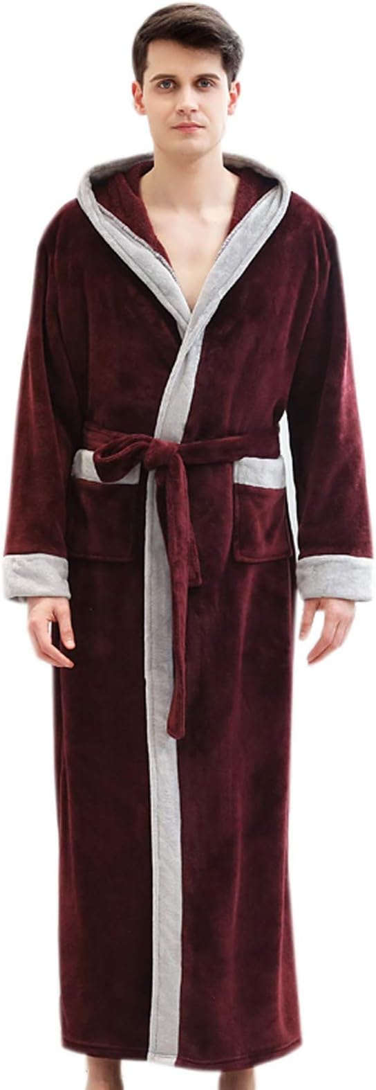 Elonglin Bathrobe Hooded Women Men Fleece Full Length Dressing Gowns Thickened