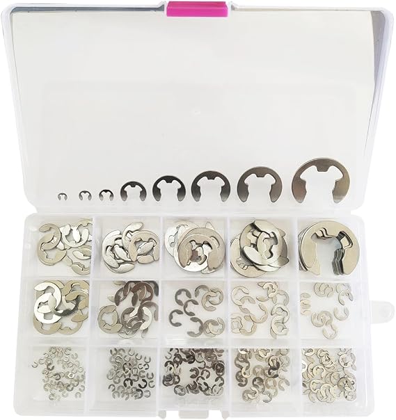 E-Clip E Circlip External Retaining Rings Assortment Set kit, M1.2-M15 304 Steel Snap Retainer Ring Clip Kit, for Industrial Locking Mechanisms DIY Applications Car Engines and Other Shafts