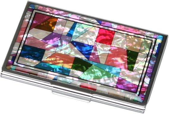 RFID Blocking Mother of Pearl Business Card Holder Slim Stainless Steel Name Card Wallet for Men and Women with Gift Box (Pathwork Multicolor)