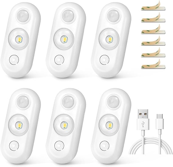LED Motion Sensor Lights Indoor, Rechargeable Puck Lights, Magnetic Dimmable Under Cabinet Lights, Wireless Closet Lights for Kitchen, Stairs, Cabinets, 6000K Daylight White, 6 Pack