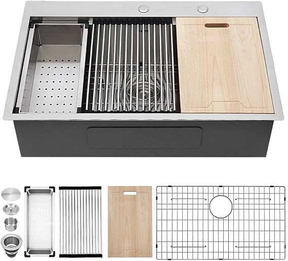 28 Kitchen Sink Drop in - Kichae 28x22 Drop in Topmount 18 Gauge Stainless Steel Single Bowl Ledge Workstation Kitchen Sink | 28x22 Inch Drop Sink Workstation Stainless Steel Single Bowl Topmount Overmount Kitchen Sink Handmade Basin