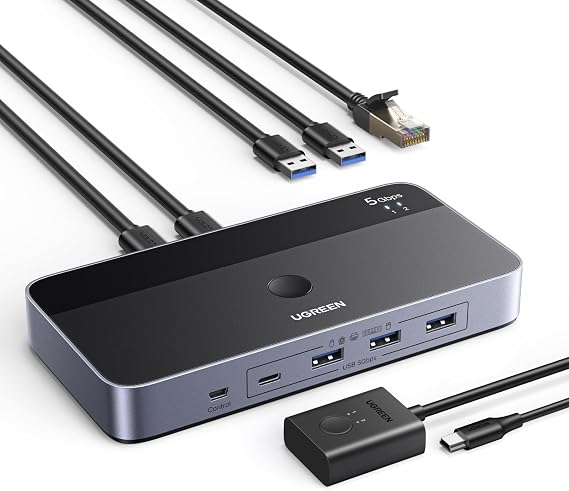 UGREEN USB 3.0 Switch for 2 PCs Simultaneous Internet Access & Sharing USB Devices, USB Switcher Sharing Keyboard and Mouse, Built-in Gigabit Ethernet Adapter, Includes 2 USB Cables & Controller