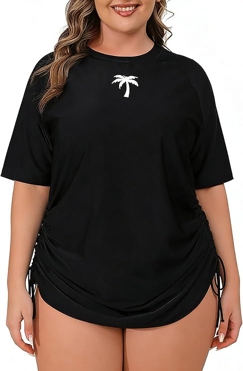 Halcurt Women's Plus Size Short Sleeve Rash Guard Swim Shirt