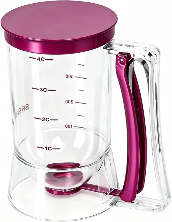 BBSTARZ Pancake Batter Dispenser 4-Cup Batter Dispenser with Squeeze Handle & Measuring Marks for Pancakes, Waffles, Muffins, Crepes & Cupcakes Baking Tool (purple)