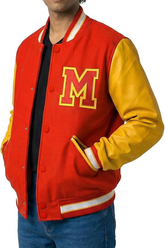Red Wool Yellow Faux Leather Varsity Letterman Bomber Jacket