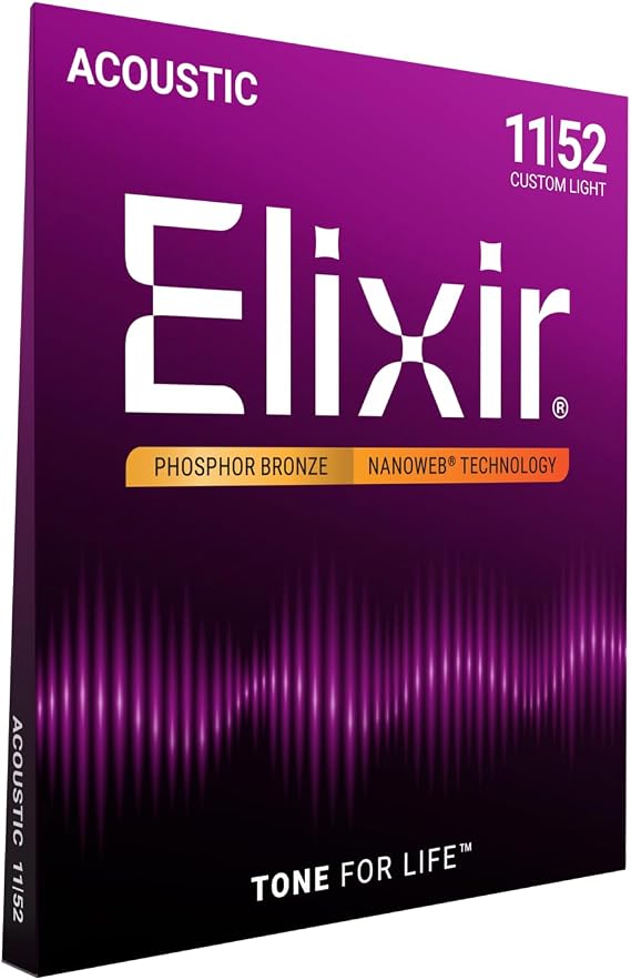 Elixir Strings, Acoustic Guitar Strings, Phosphor Bronze with NANOWEB Technology, Longest-Lasting Rich  Tone For Life with Comfortable Feel, 6 String Set, Custom Light 11-52