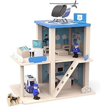 Wooden Police Station Playset, Pretend Play Dollhouse,Multicolor 3-Level with Figures, Truck, Helicopter and Accessories