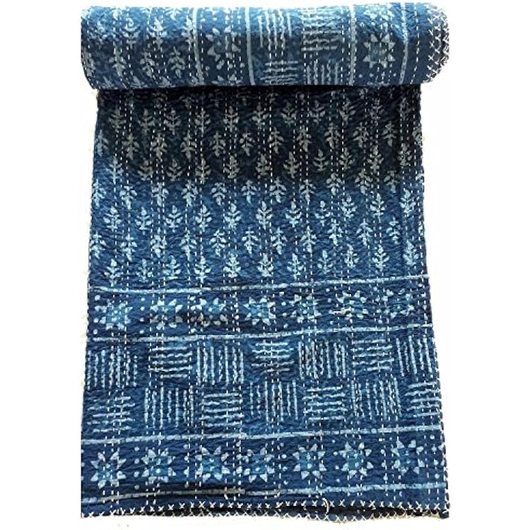 Sophia-Art Indian Blue Indigo Color Hand Block Rural Pure Printed Kantha Quilt, Queen Size Patchwork Cotton Bedspread, Blue 90X108 inch