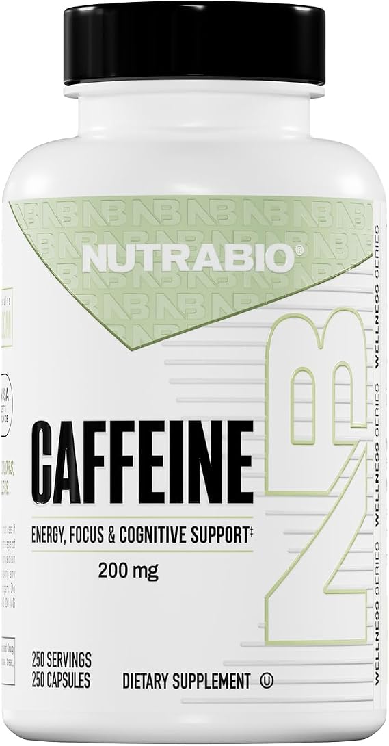 NutraBio 100% Pure Caffeine Capsules (250 Capsules)