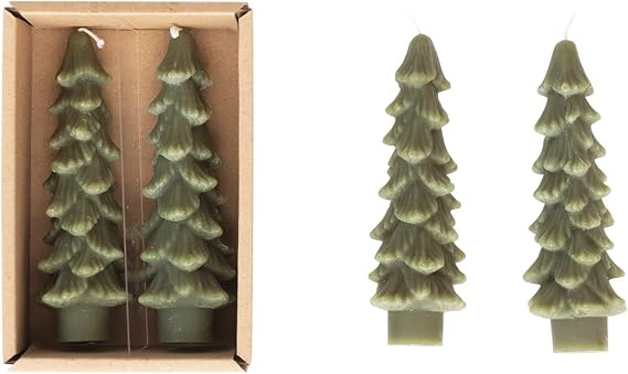 Creative Co-Op Unscented Tree Shaped Taper Candles, Evergreen, Boxed Set Of 2
