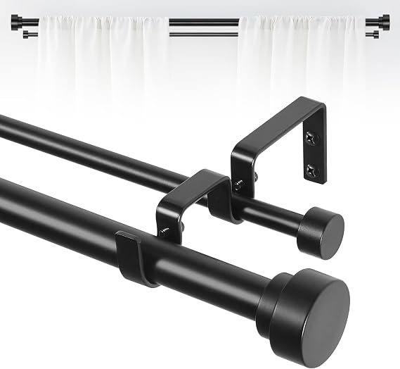 TANGWIN Black Double Curtain Rods for windows 36 to 88:Adjustable Heavy Duty Double Curtain Rod for Bedroom Living Room,1Inch Matte Black Iron Moden Decorative Telescopic Dual Drapery Rod Easy Install