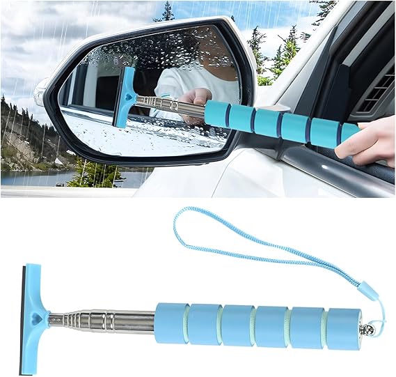 AICEL Car Side Mirror Squeegee, Rearview Mirror Wiper with Telescopic Long Handle, Retractable Small Auto Window Squeegee Cleaner, Portable Glass Cleaning Tool Universal Car Accessories (Blue)