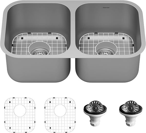 Karran 32" Undermount 16-Gauge Stainless Steel 50/50 Double Bowl Kitchen Sink Kit