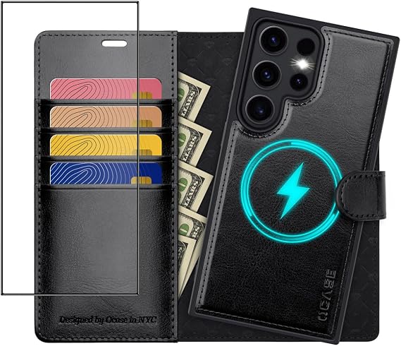 OCASE Compatible with Galaxy S24 Ultra Case (2-in-1) Leather Shockproof Case [Removable Magnetic Case] [Wireless Charging] [Card Slot] Mobile Phone Case RFID Protective Case Flip Case 6.8 Inch Black