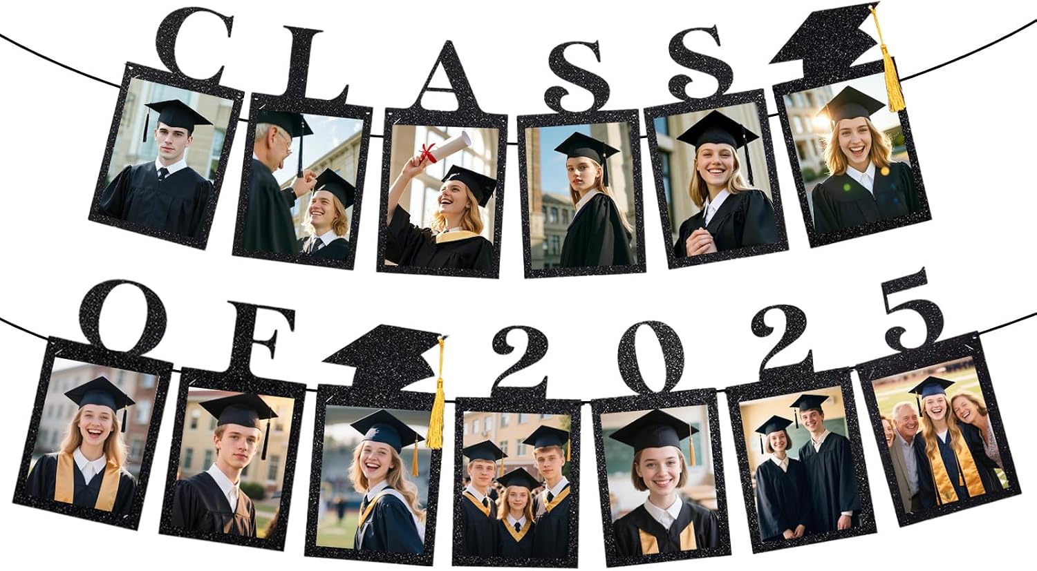 Class of 2025 Graduation Photo Banner, 9.8ft Pre-Strung Photo Display Graduation Decoration with Real Tassel, Glitter Black Backdrop for Grad Party Decors 2025 Fits 5x7 Photos