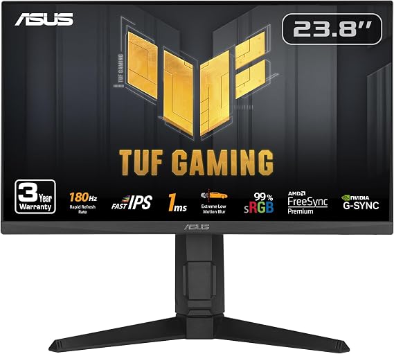 ASUS TUF Gaming 24 (23.8 viewable) 1080P Monitor (VG249QL3A) - Full HD, 180Hz, 1ms, Fast IPS, ELMB, FreeSync Premium, G-SYNC Compatible, Speakers, DisplayPort, Height Adjustable,