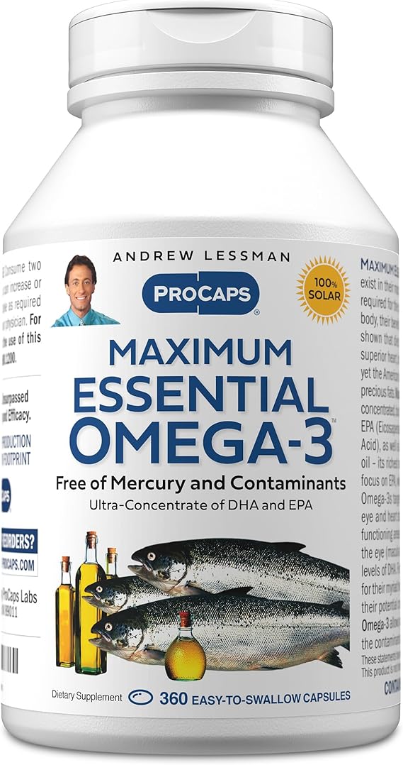 ANDREW LESSMAN Maximum Essential Omega-3 Unflavored, 360 Softgels - Ultra-Pure Omega-3 Fish Oil 1200 mg-High DHA, No Mercury Supplement-Small, Easy to Swallow Fish Oil Capsules