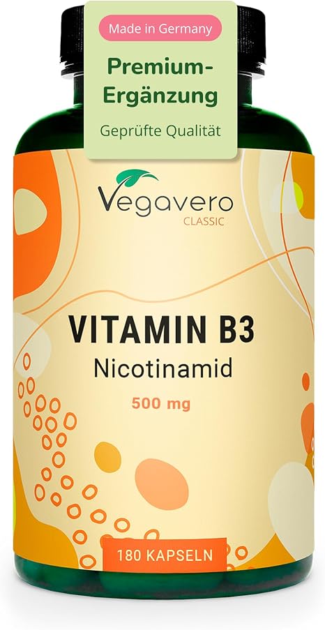 Vitamin B3 Niacin High Dose: 500 mg Nicotinamide 180 Capsules - 6 Month Supply Skin - Nerves - Energy* Flushfree Laboratory Tested Vegan - No Additives German Production by Vegavero