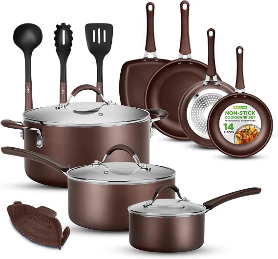 NutriChef Kitchenware Non Stick Pots and Pans Set - High-Qualified Basic Kitchen Cookware Set with Lids & Utensils (14-Piece Set), One Size, Blue