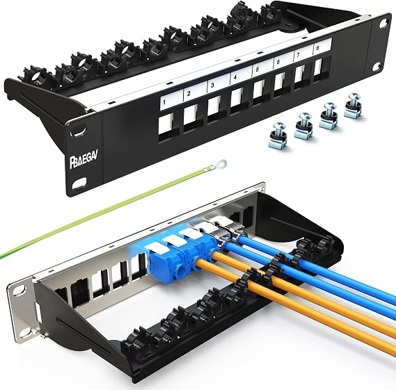 8 Port Patch Panel Blank UTP/STP 1U 10 Keystone Patch Panel with Cable Management and Support Bar Compatible with LC/SC/ST/FC/USB/HDMI Keystone Jack(8 Port)
