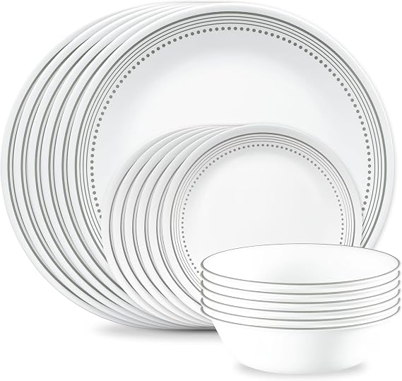 Corelle Vitrelle 18-Piece Service for 6 Dinnerware Set Triple Layer Glass and Chip Resistant, Lightweight Round Plates and Bowls Set, Mystic Gray