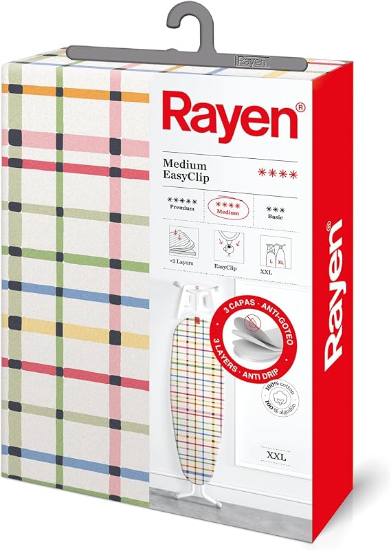 Rayen | Universal XXL Ironing Board Cover | 3 Layers: Foam, Flannelette and 100% Cotton Fabric Medium Range | 150 x 55 cm | Coloured Stripes