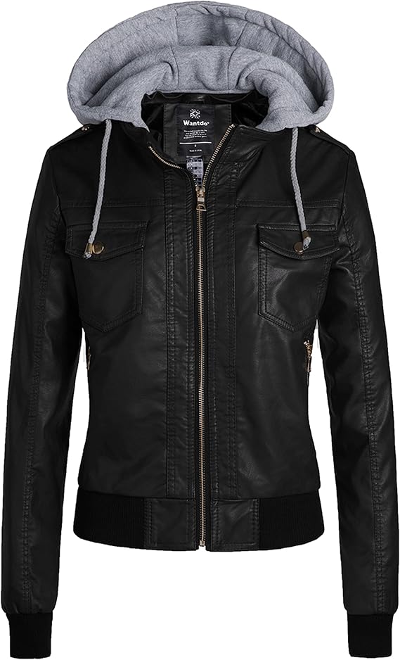wantdo Faux Leather Jacket for Women, PU Moto Biker Bomber Motorcycle Coat